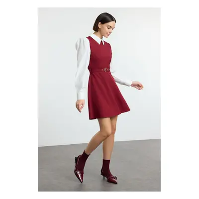 Trendyol Burgundy Belted Waist Opening Shirt Detail Mini Woven Dress