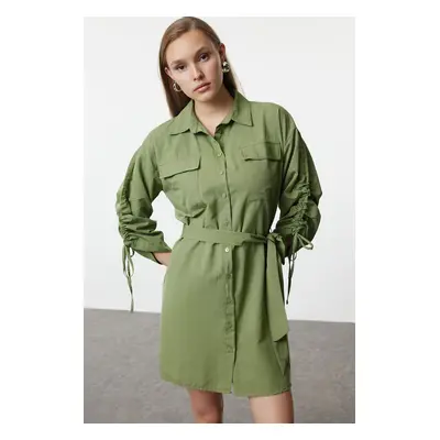 Trendyol Khaki Pocket and Gather Detailed Mini Woven Shirt Dress