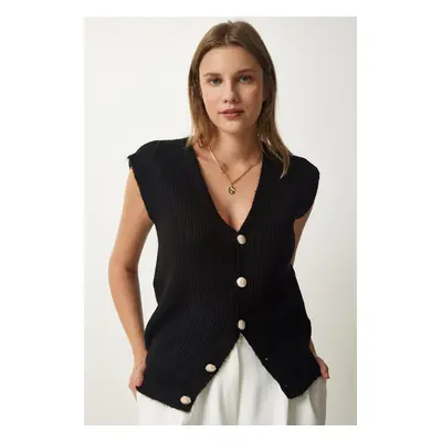 Happiness İstanbul Women's Black Metal Buttoned Woolen Knitwear Vest