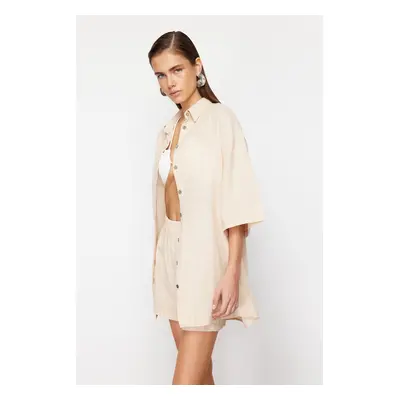 Trendyol Beige Woven Linen Blend Shirt Shorts Set