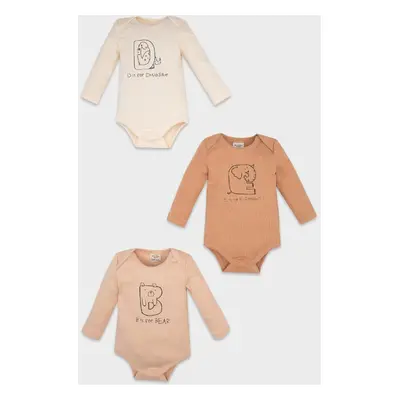 DEFACTO Baby Boy Newborn Beige Animal Patterned Ribbed 3-Piece Long Sleeve Snap Bodysuit