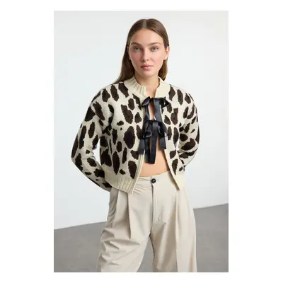 Trendyol Stone Leopard Patterned Crop Knitwear Cardigan