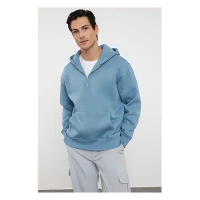 Trendyol Blue Oversize/Wide Cut Zippered Hooded Fleece Inside Basic Sweatshirt