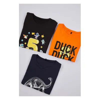 Trendyol Orange-Navy-Black 3-Pack Boy Printed Cotton Knitted T-Shirt