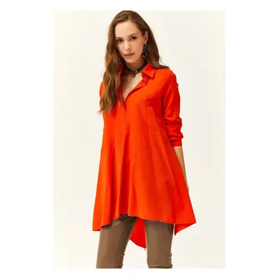 Olalook Women's Orange Shirt Collar Asymmetrical Tunic