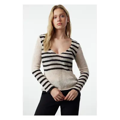 Trendyol Beige Soft Textured Loose Knit Striped Sweater