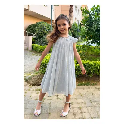 Trendyol Gray Girl's Glittery Ribbon Woven Dress