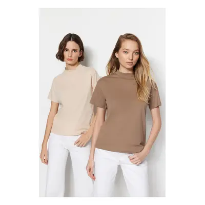 Trendyol Beige-Mink 2-Pack 100% Cotton Basic Stand Up Collar Knitted T-Shirt