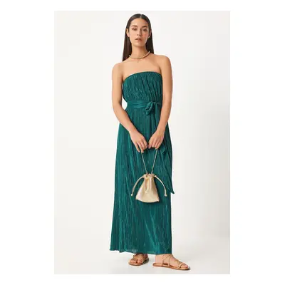 Happiness İstanbul Women's Emerald Green Strapless Belted Pleated Dress