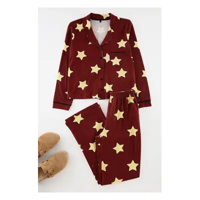 Trendyol Claret Red 100% Cotton Star Patterned Knitted Pajama Set