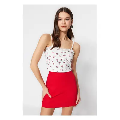 Trendyol White Floral Printed Strap Fitted/Simple Waffle Fabric Super Crop Knitted Blouse