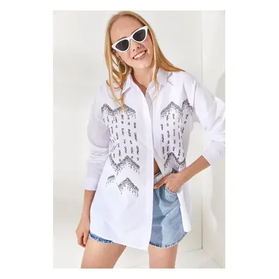 Olalook Women's Geometric White Stamp Detail Oversize Shirt