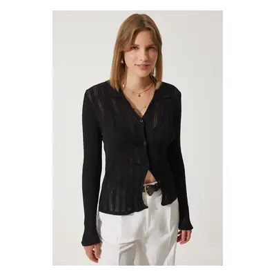 Happiness İstanbul Women's Black Polo Collar Summer Openwork Knitwear Cardigan