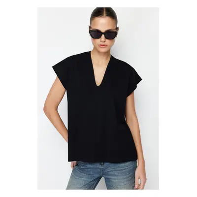 Trendyol Black 100% Cotton V-Neck Moon Sleeve Knitted T-Shirt