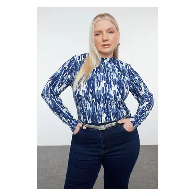 Trendyol Curve Navy Blue Printed Fitted High Collar Knitted Plus Size Blouse