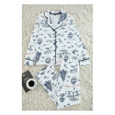 Trendyol Ecru 100% Cotton Winter Themed Piping Detailed Knitted Pajama Set