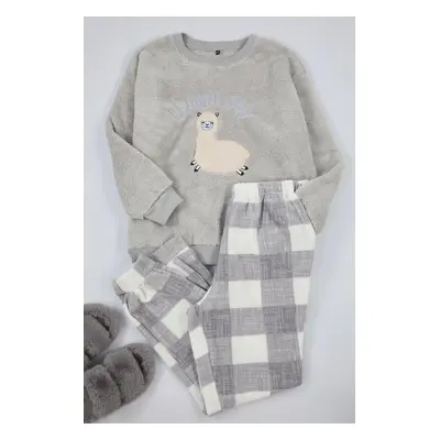 Trendyol Curve Gray Wellsoft Llama Patterned Knitted Pajama Set