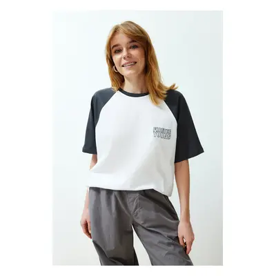 Trendyol White 100% Cotton Color Blocked Slogan Relaxed/Comfortable Cut Knitted T-Shirt