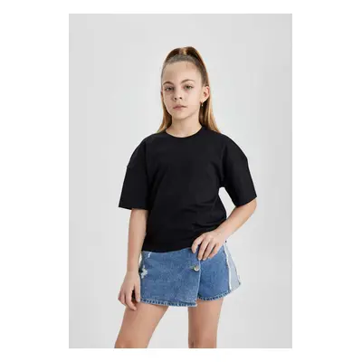 DEFACTO Girls Black Crop Basic Short Sleeve T-Shirt