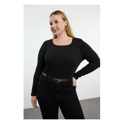 Trendyol Curve Black Square Neck Long Sleeve Ribbed Flexible Snap Fastener Knitted Body