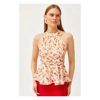 Olalook Women's Beige Coral Halter Neck Waist Detailed Crepe Blouse