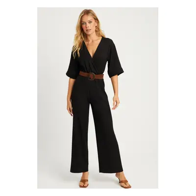 Cool & Sexy Women's Black Double Breasted Belted Wrap Jumpsuit