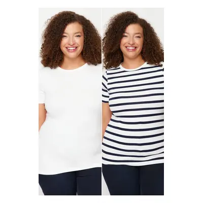 Trendyol Curve White-Navy Blue Striped Pack Viscose Stretchy Knitted Blouse