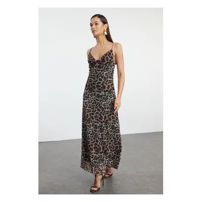 Trendyol Multicolored Body-Styling Leopard Patterned Cowl Neck Tulle Woven Chic Dress