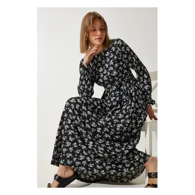 Happiness İstanbul Women's Black Floral Summer Long Knitted Dress