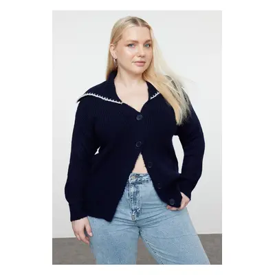 Trendyol Curve Navy Blue Sailor Collar Buttoned Knitwear Cardigan