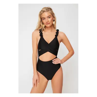 Trendyol Black V-neck Ruffled Regular Swimsuit