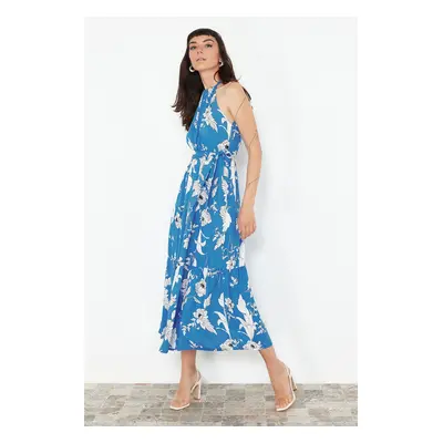 Trendyol Indigo Animal Shift Halter Neck Maxi Lined Woven Dress