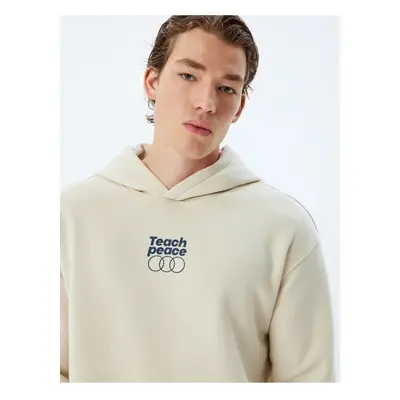 Koton Hooded Sweatshirt Oversize Slogan Printed Basic Kangaroo Pocket Detailed Raised Cotton Ble