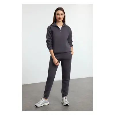 Trendyol Anthracite Thick Polar Fleece Zippered Stand Collar Jogger Knitted Tracksuit