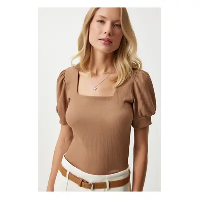 Happiness İstanbul Women's Camel Square Collar Balloon Sleeve Knitted Blouse