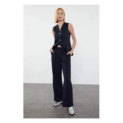 Trendyol Dark Navy High Waist Wide Leg Pleated Woven Fabric Trousers