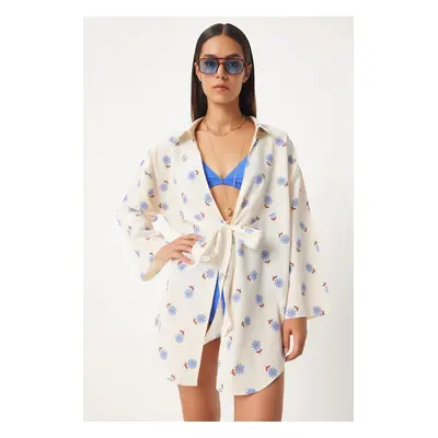 Happiness İstanbul Women's Ecru Blue Tied Linen Kimono