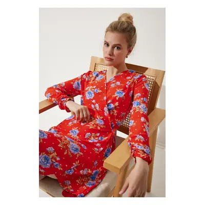 Happiness İstanbul Women's Red Floral Mini Wrapped Chiffon Dress