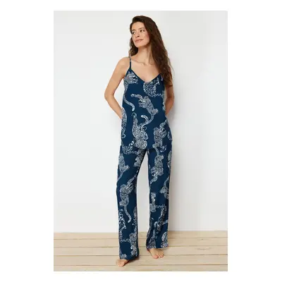 Trendyol Blue Tiger Patterned Rope Suspender Viscose Woven Pajama Set