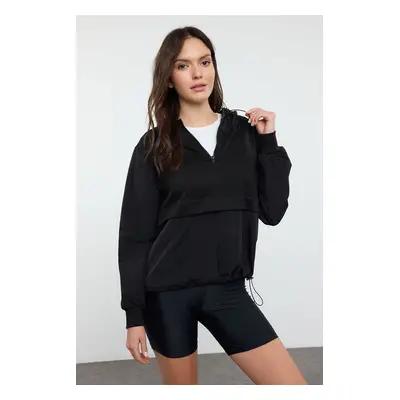 Trendyol Black Parachute Garnish Zippered Eyelet Detailed Stoppered Knitted Sweatshirt