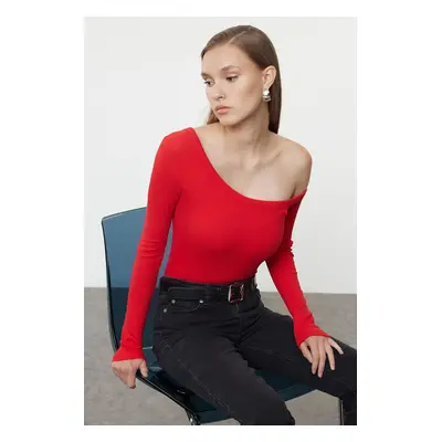 Trendyol Red Fitted Off Shoulder Corded Cotton Stretch Knitted Blouse