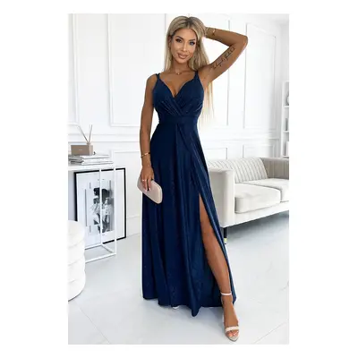 498-1 Long dress with neckline and double straps - NAVY BLUE WITH BROCADE