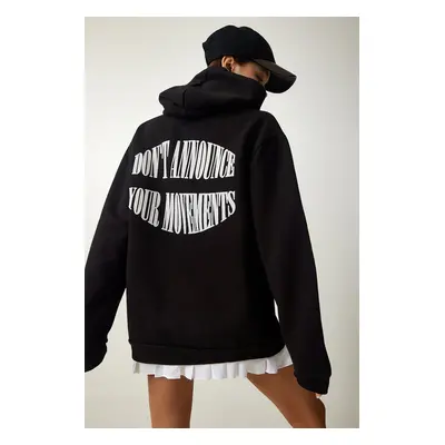 Happiness İstanbul Women's Black Hooded Rack Printed Sweatshirt