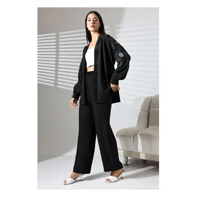 Trendyol Black Embroidered Kimono-Pants Woven Bottom-Top Set