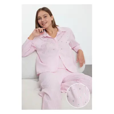 Trendyol Pink Striped Stone Accessory Detailed Woven Pajama Set