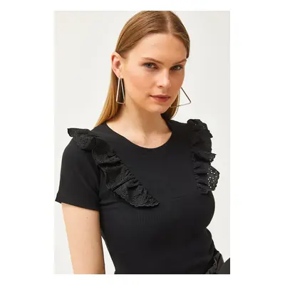 Olalook Women's Black Scallop Detail Short Sleeve Lycra Cotton Blouse