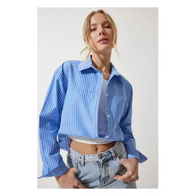 Happiness İstanbul Women's Sky Blue Blouse Detailed Crop Shirt