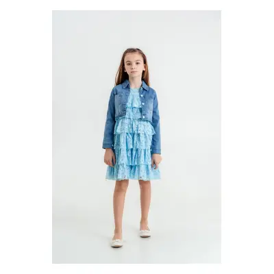 Trendyol Blue Girl Denim Jacket Ruffle Dress Set