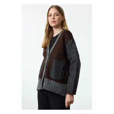 Trendyol Anthracite Soft Texture Color Block Quilted Detailed Knitwear Cardigan