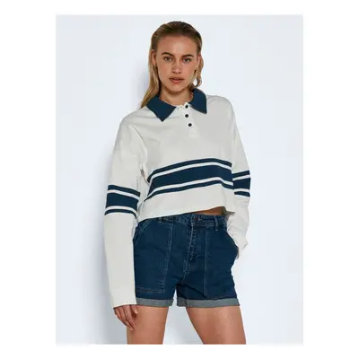 Blue and White Cropped T-Shirt with Collar Noisy May Abi - Women